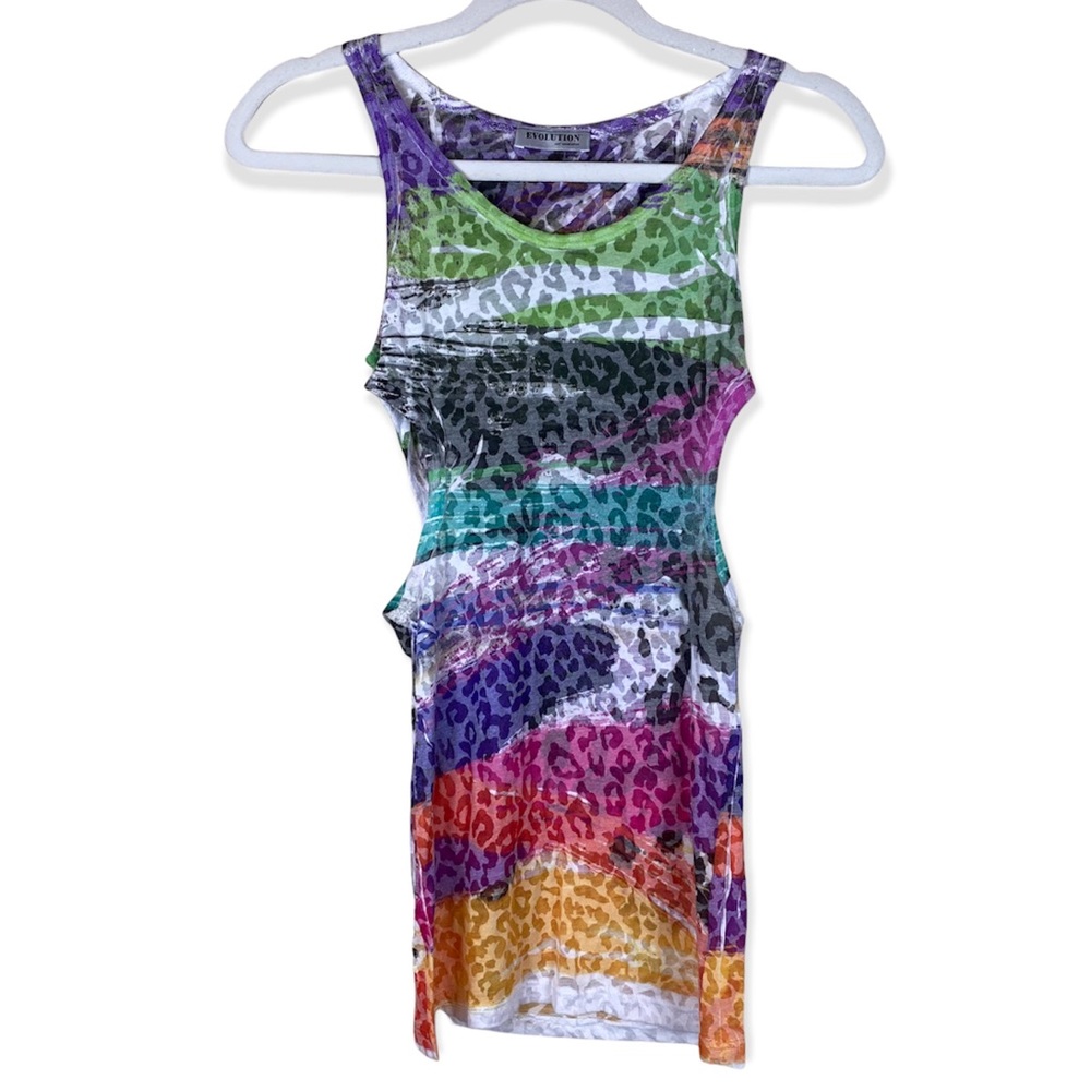 Evolution Not Revolution Size XS Rainbow Leopard Sleeveless Open Sides Tank Top